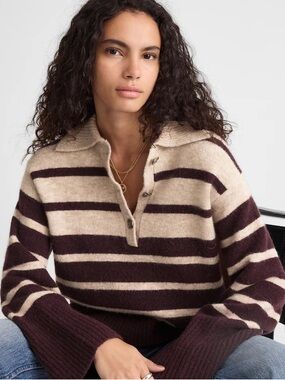Madewell CloudSoft Polo Sweater wool/alpaca blend brown cream stripe NY436 M NWT